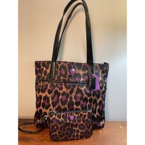Coach Ocelot Print Tote Bag Tan, Black and Purple With Matching Wristlet‎ EUC